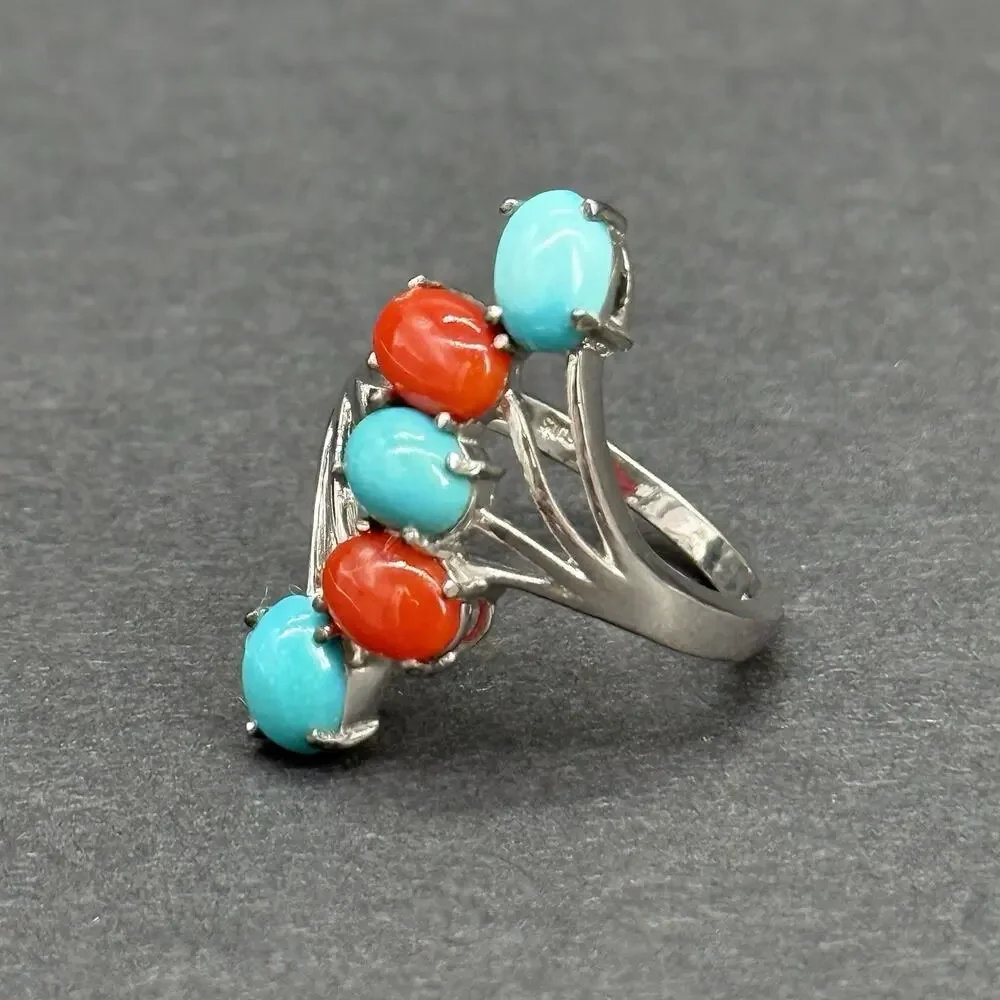 Vintage 925 Sterling Silver Turquoise & Red Coral Multi-Stone Bypass Ring Size 8